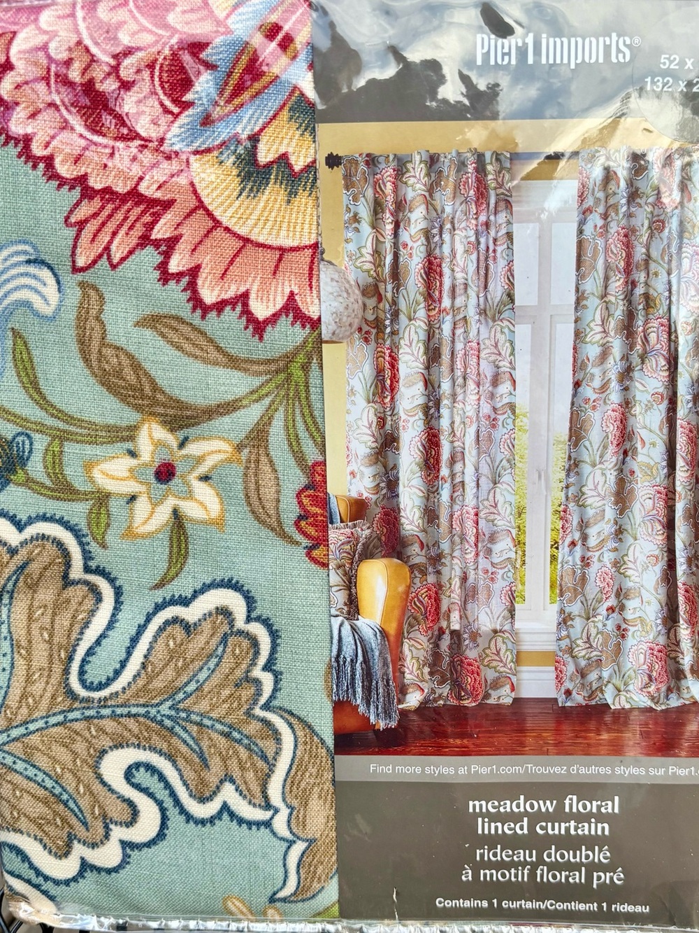 Pier 1 Meadow Floral Curtains SET of THREE in Blue, Pink, Tan & Green
